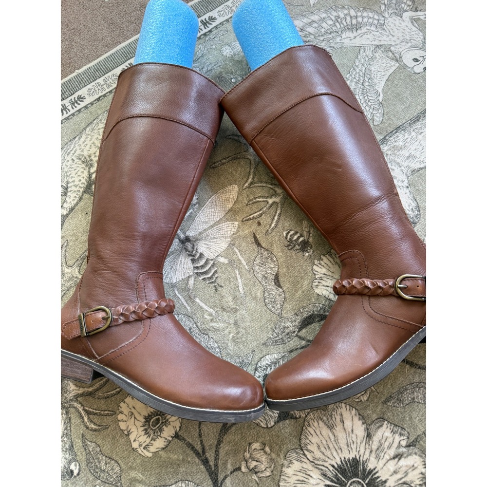Earth Elmira Brown Leather Tall Riding Boots Women 10M Braided Buckle Fall Boho